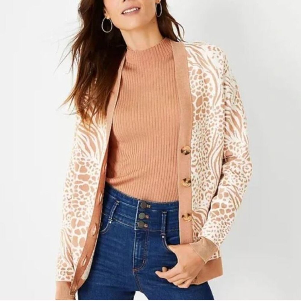 NWT Ann Taylor Mixed Animal Print Boyfriend Button Up Cardigan Size S Petite
